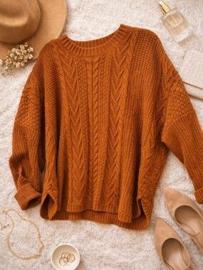 Natural Reflections Burnt Orange Cable Knit Sweater Women’s L Cozy Fall